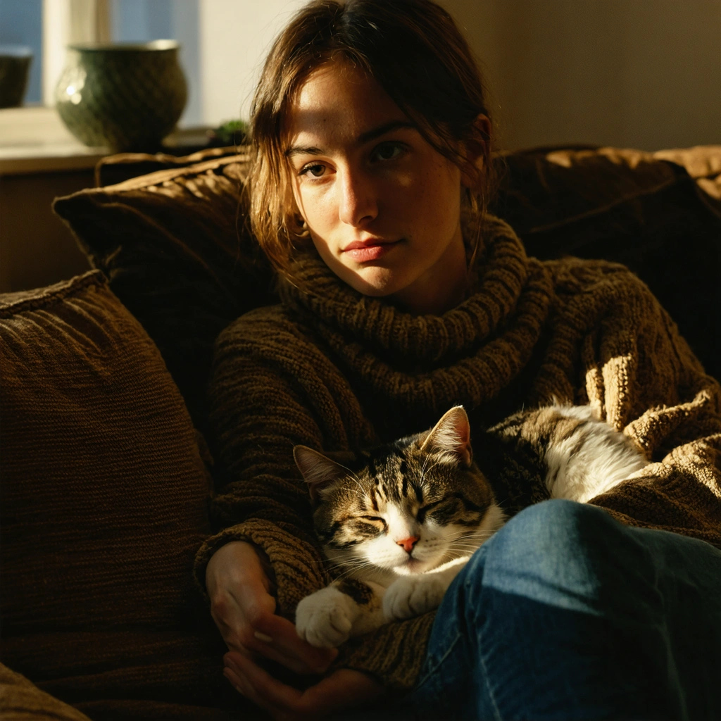 Une femme assise dans un salon semble fatiguée ou pensive tandis qu’un chat se blottit contre elle avec tendresse, illustrant la connexion intuitive entre le chat et l’état de santé de son humaine.