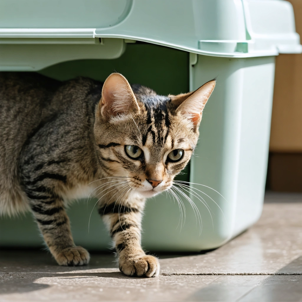 Chat tigré grattant une litière propre, regard curieux, dans un intérieur moderne.