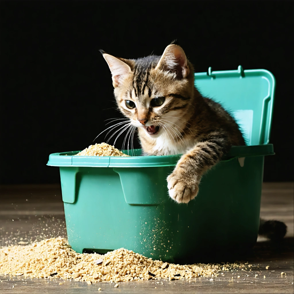 Un chat domestique s'amuse à gratter et jouer dans son bac à litière comme s'il était dans un bac à sable, la nuit dans une maison, avec de la litière éparpillée autour.