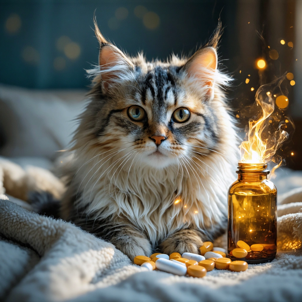Un chat domestique au pelage partiellement clairsemé par endroits, assis sur une couverture moelleuse, avec un flacon de médicament lumineux en arrière-plan, représentant la guérison de la teigne féline.