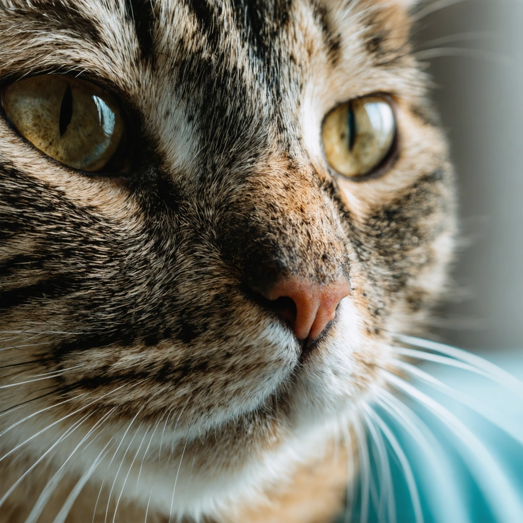 Gros plan sur le visage d’un chat montrant un nez avec des croûtes épaisses et une légère déformation, dans une ambiance de clinique vétérinaire.