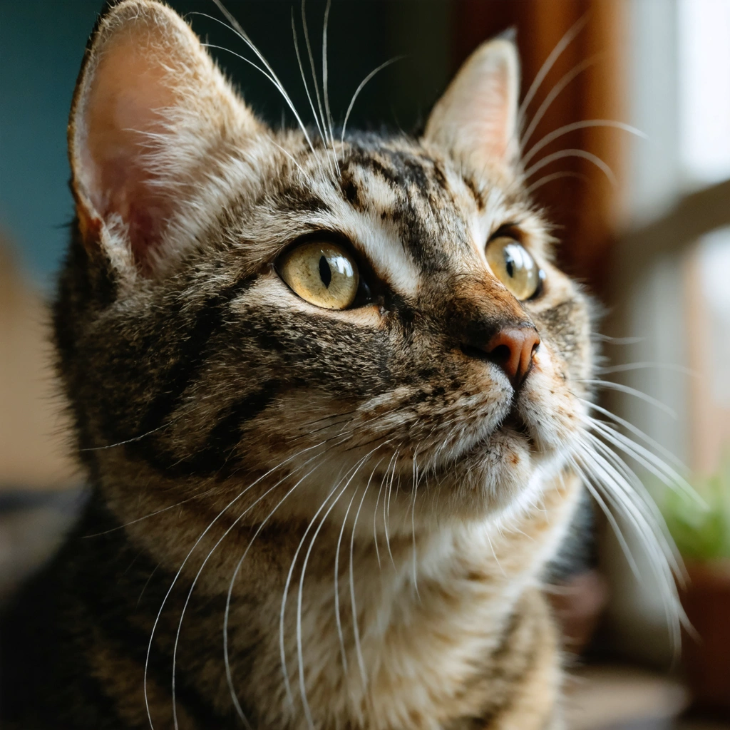 Gros plan sur le museau d’un chat domestique montrant des croûtes sombres et quelques traces de saleté, avec un regard expressif.