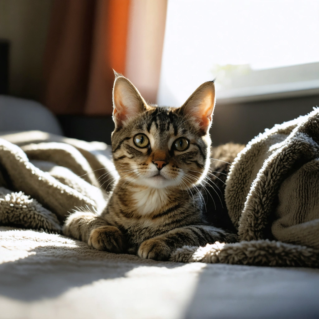 Un chat domestique avec une oreille pliée posé sur une couverture douillette dans un salon, l'air apaisé et soigné.
