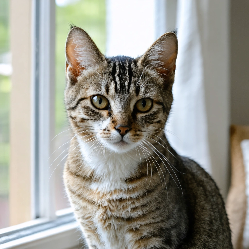 Chat domestique présentant une dépilation au-dessus des yeux, assis près d'une fenêtre, dans une ambiance lumineuse et rassurante.