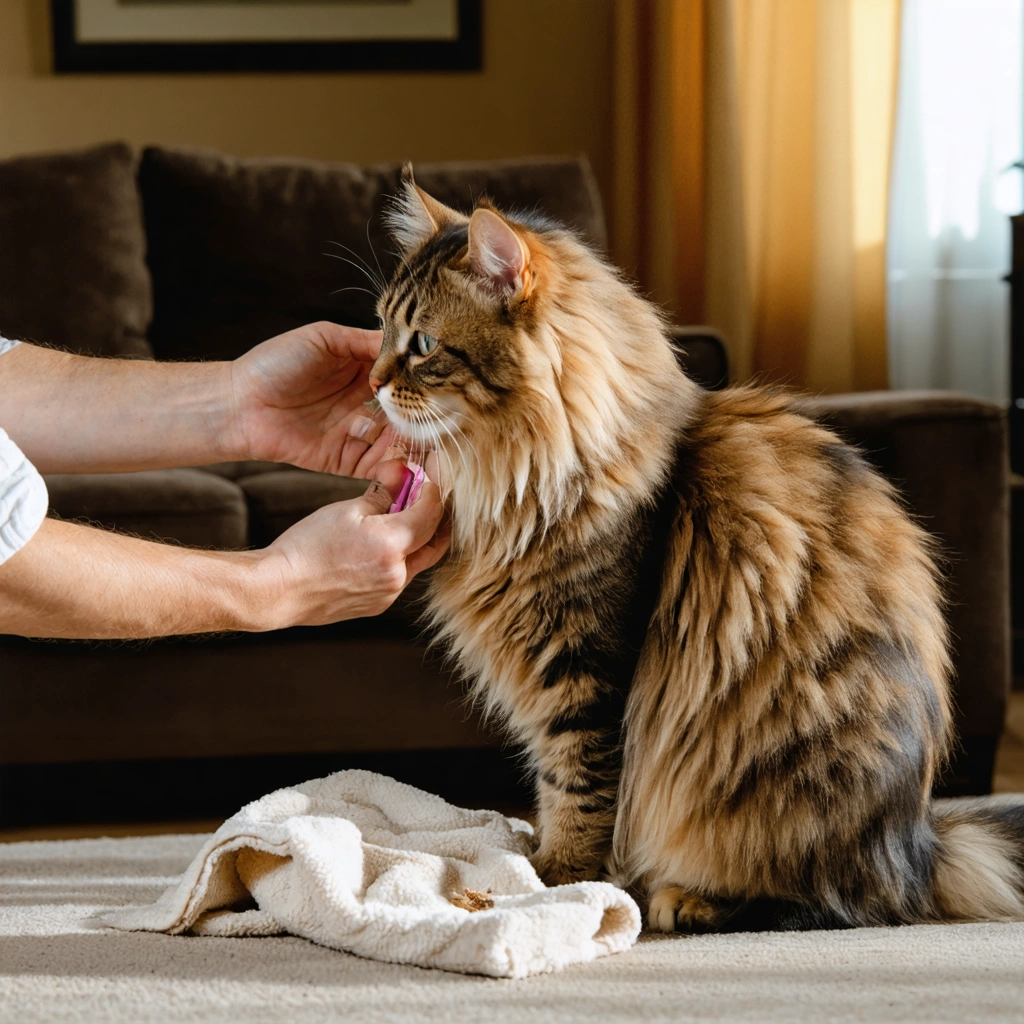 Un chat à poil long se fait nettoyer l'arrière-train par son propriétaire avec un linge doux, dans un salon chaleureux.