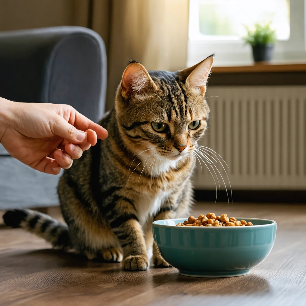 Un chat à l’air triste ignore sa gamelle de nourriture tandis qu’une main essaie de le réconforter dans un intérieur chaleureux.