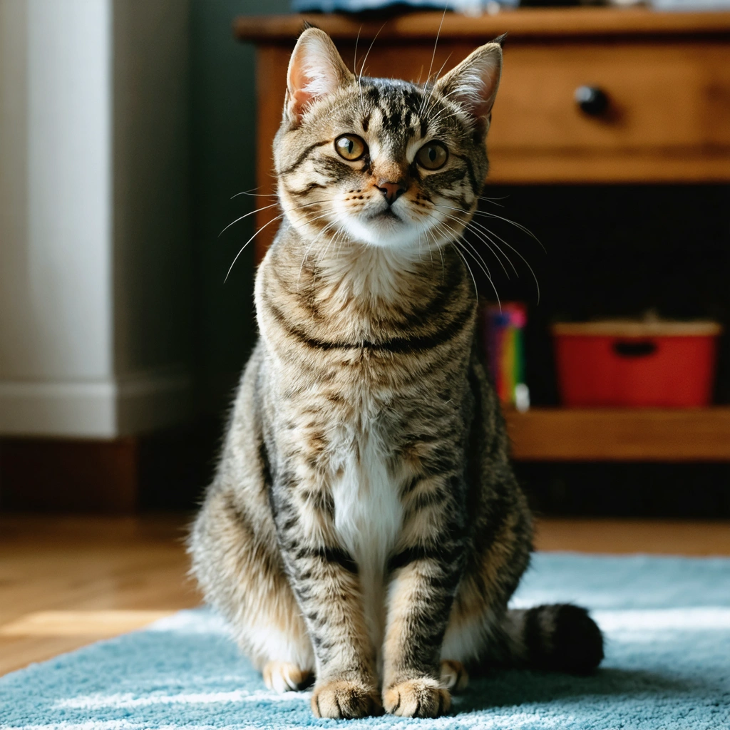 Chat assis, coudes écartés, bouche entr’ouverte, montrant des signes de difficulté respiratoire dans un intérieur domestique.