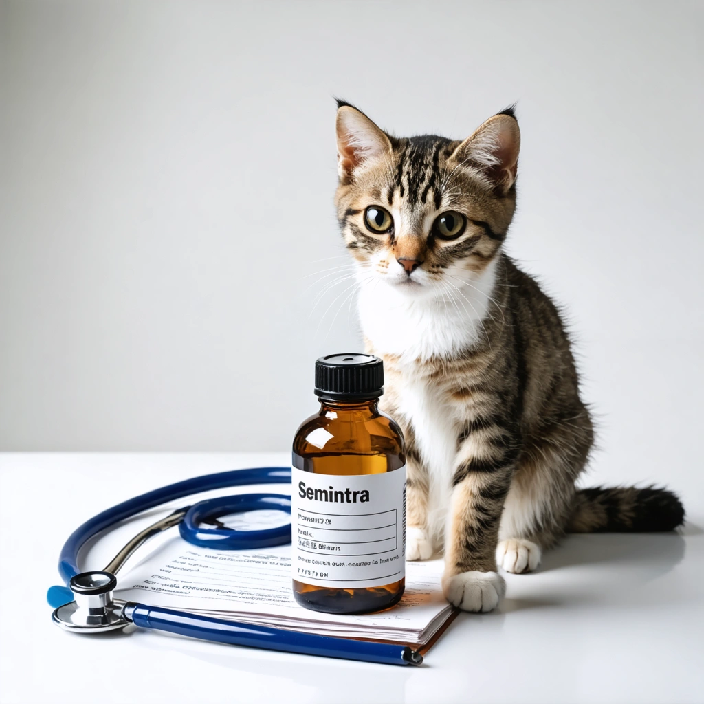 Un chat curieux assis devant un flacon de médicament vétérinaire avec à côté un stéthoscope et une ordonnance, illustrant la nécessité de consulter un vétérinaire pour obtenir Semintra.
