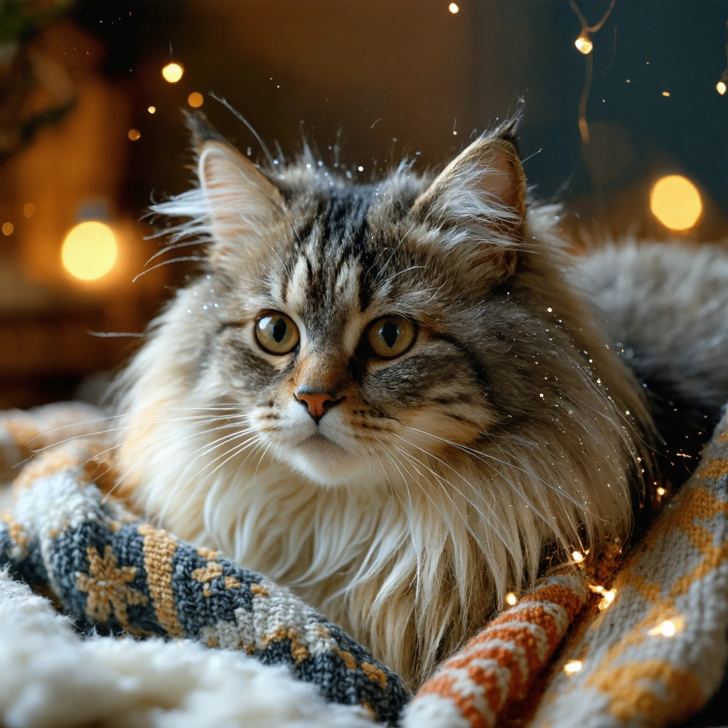 Un chat à poil long allongé sur une couverture, des petites étincelles d'électricité statique visibles sur son pelage