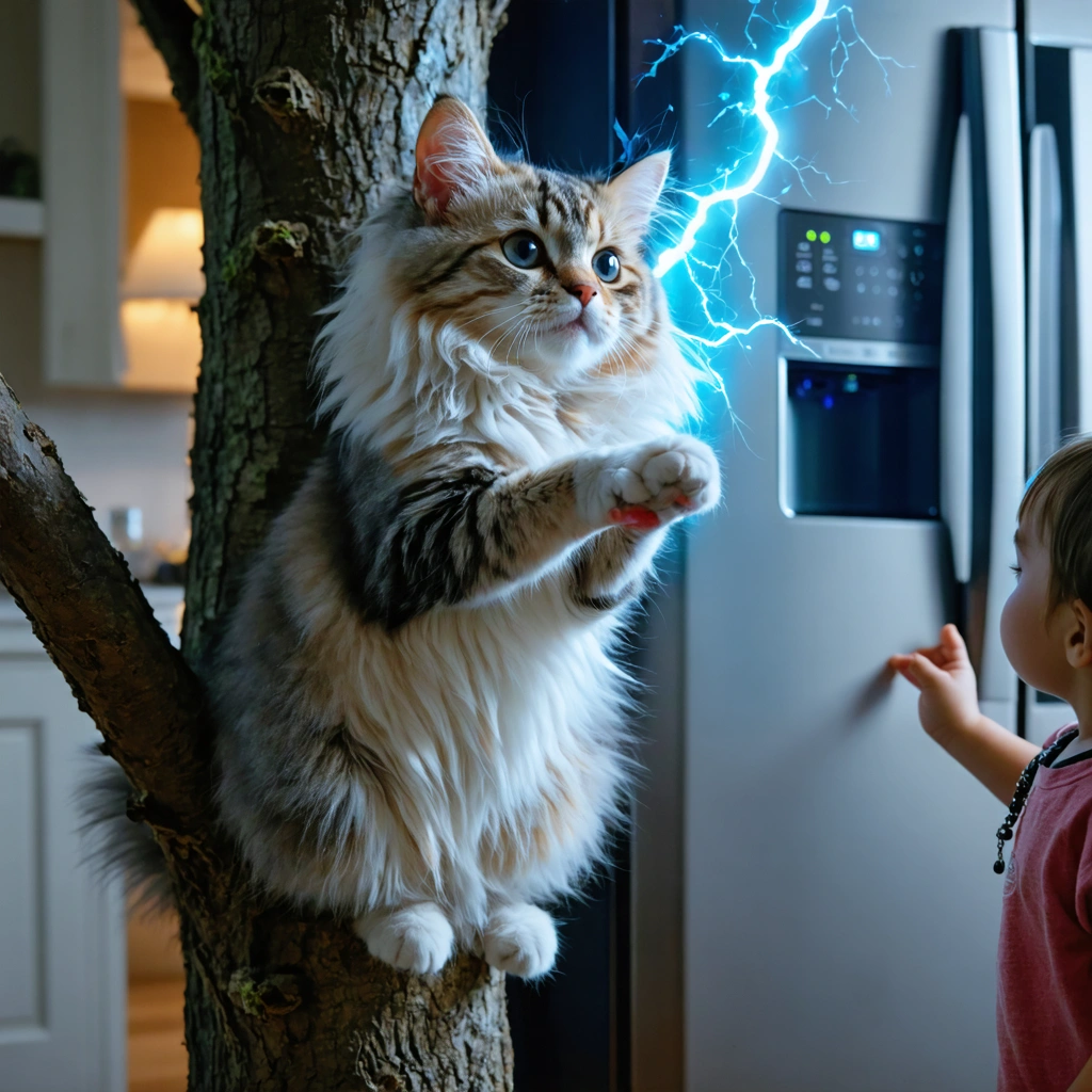 Un chat à poils longs au regard espiègle, debout sur un arbre à chat, dégageant de petites étincelles d'électricité statique, tandis qu'un enfant tente de le caresser ; un collier métallique semble attiré vers le réfrigérateur en arrière-plan.