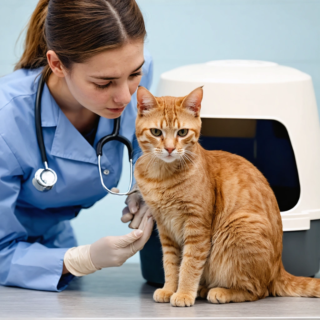Un vétérinaire attentionné examine un chat roux qui semble mal à l'aise, assis près de sa litière dans une clinique vétérinaire, illustrant la gravité de la cystite chez le chat.
