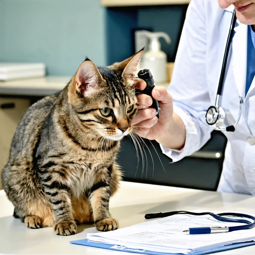 Un chat avec une oreille pliée est examiné par un vétérinaire attentionné sur une table d'examen, dans un cabinet vétérinaire chaleureux.