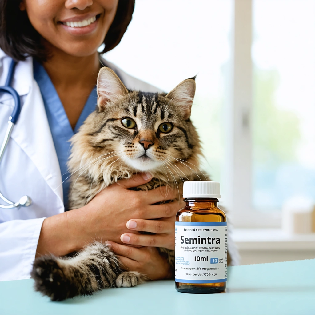 Une femme vétérinaire souriante tient un chat adulte en bonne santé, à côté d’un flacon de médicament Semintra 100 ml, dans un cabinet vétérinaire lumineux.