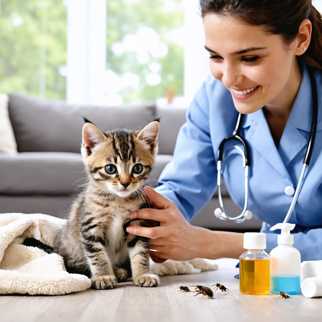 Chaton de 2 mois examiné pour des puces par une vétérinaire souriante dans un salon lumineux