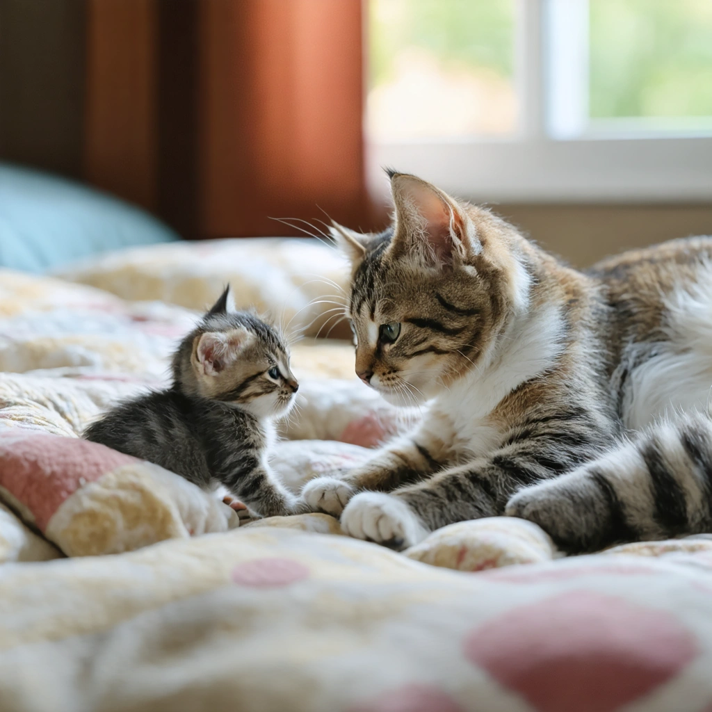Un chaton joueur reste près de sa maman chatte qui le surveille avec douceur dans un coin douillet, mettant en avant l'importance de ne pas séparer le chaton trop tôt de sa mère.