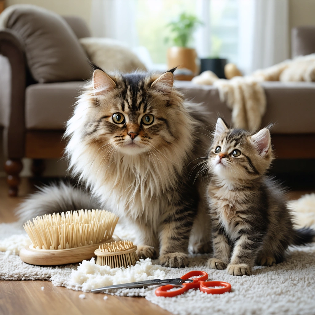 Un chat à poils longs assis avec un chaton maladroit à côté de lui, dans un salon. On voit des outils de toilettage et quelques poils épars, symbolisant la vigilance et l'entretien nécessaires pour ces chats.