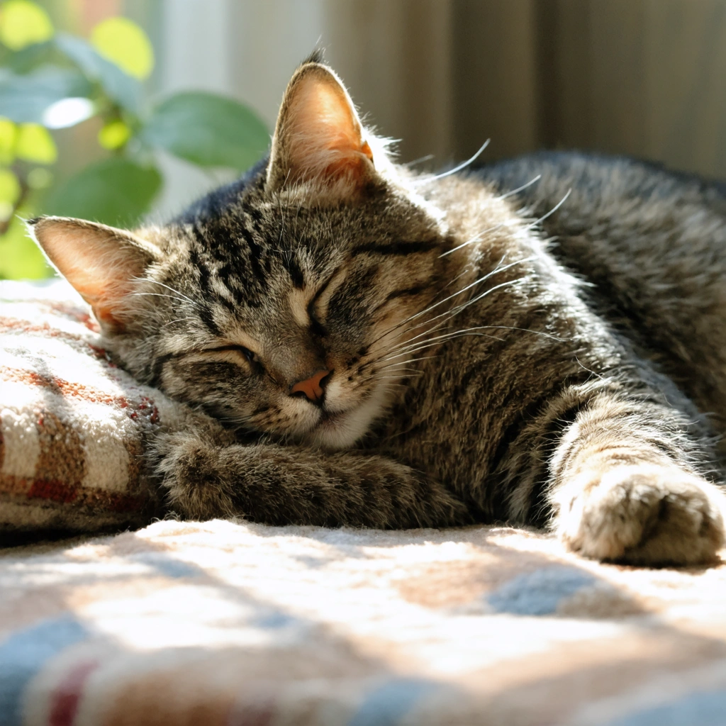 Une chatte adulte se repose calmement dans une pièce lumineuse, illustrant la période de repos recommandée entre deux portées pour préserver sa santé.