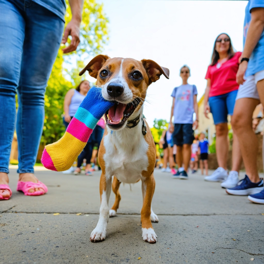Un chien croisé jack russel et pinscher joueur sur un trottoir, tenant une chaussette colorée dans sa gueule, entouré de passants curieux et amusés.
