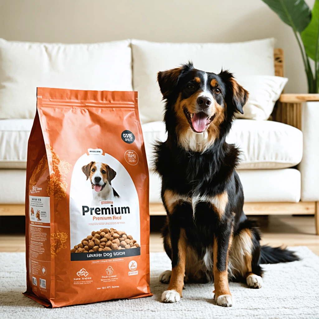 Chien de taille moyenne, heureux et en bonne santé, assis à côté d'un grand sac de croquettes premium dans un intérieur chaleureux.