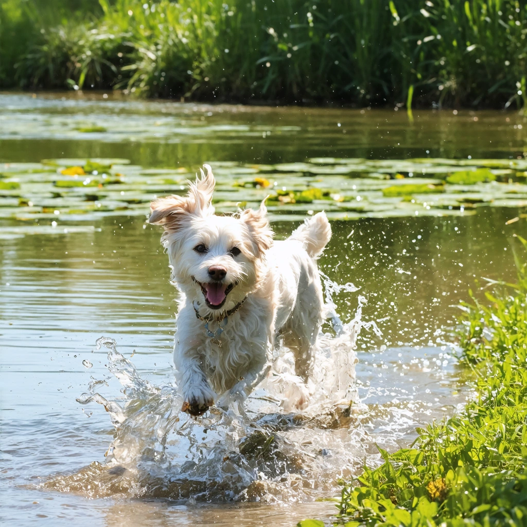 Chien heureux courant près d’un lac propre avec des plantes aquatiques, illustrant la prévention des risques aquatiques.