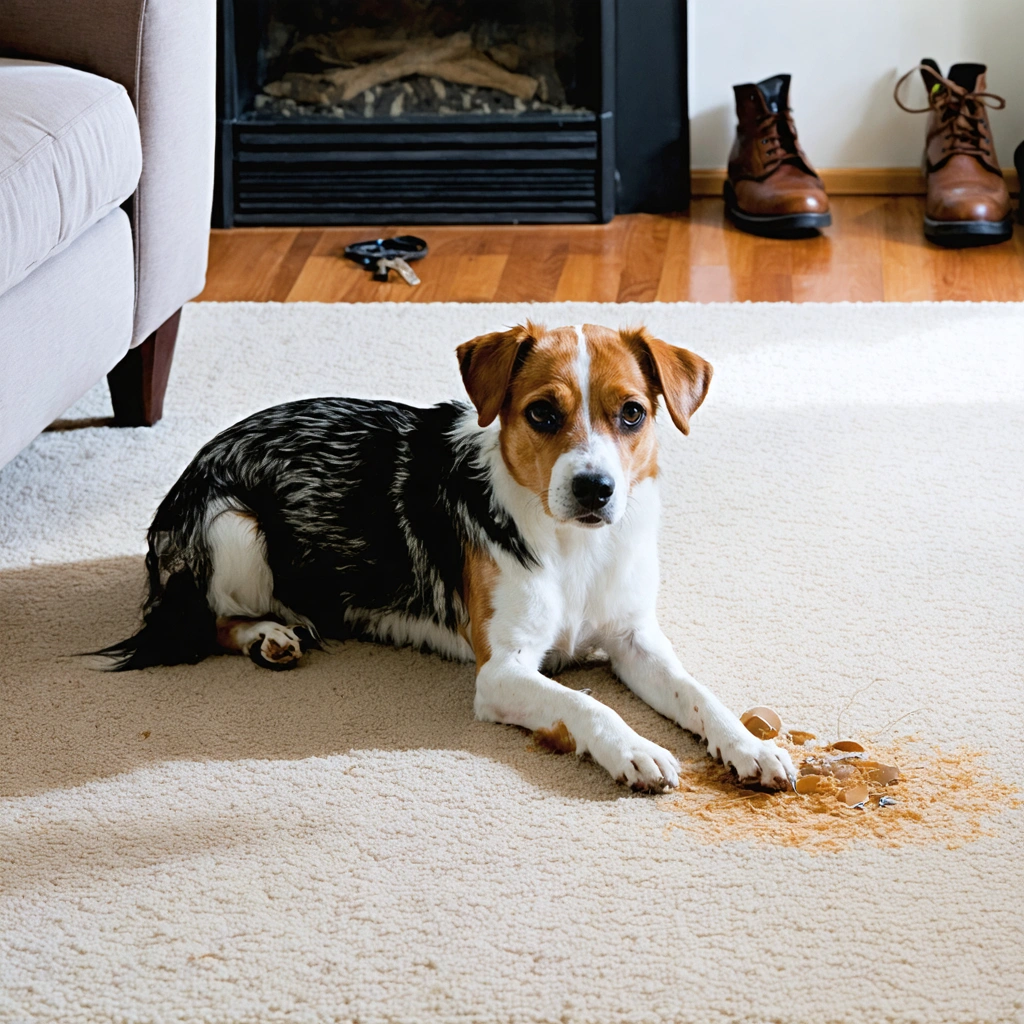 Un chien dans un salon avec un regard coupable à côté d'une petite crotte sur la moquette, environnement domestique réaliste.