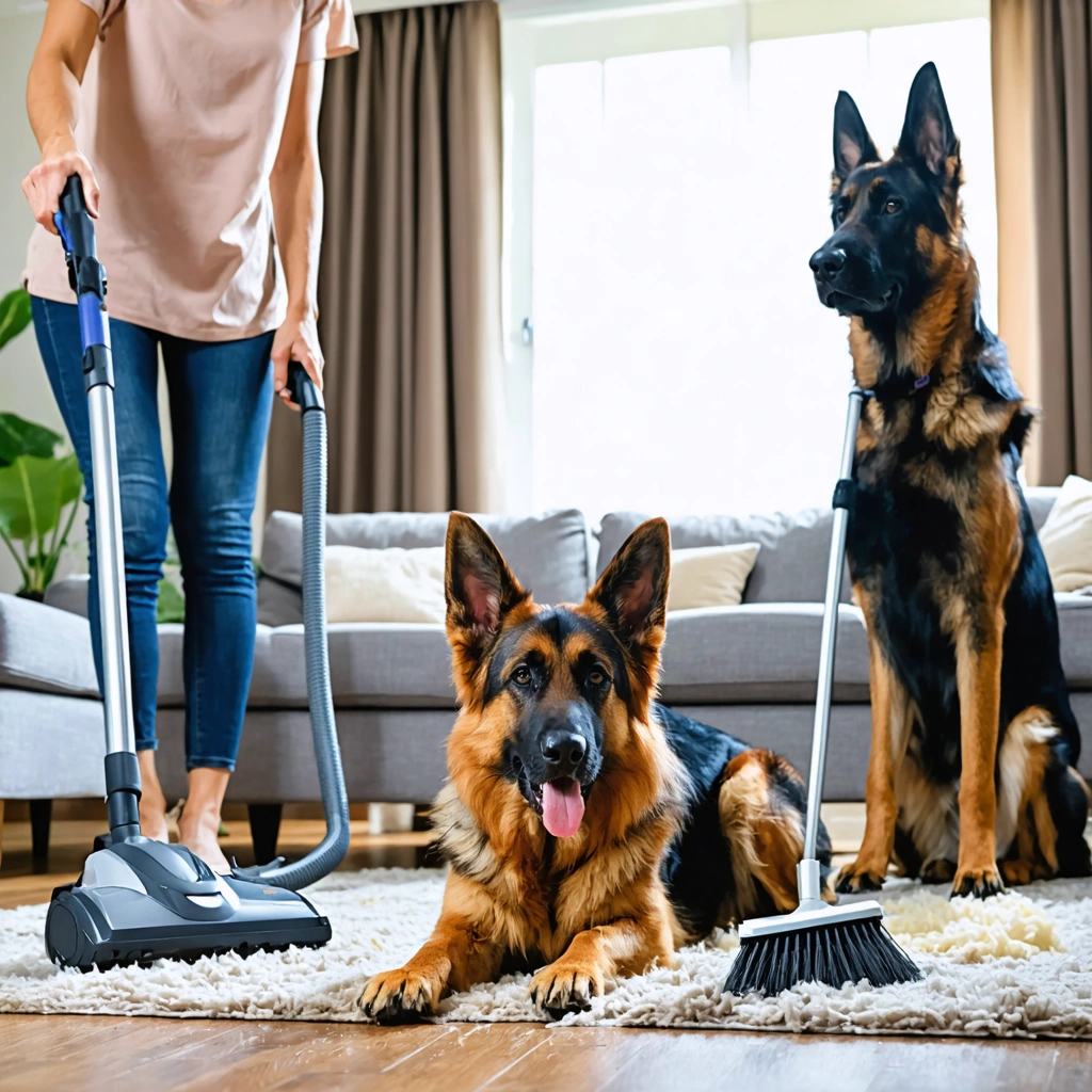 Un salon où deux personnes nettoient, l'une avec un aspirateur et l'autre avec un balai, en présence d'un berger allemand et d'un malinois, avec des poils de chien visibles au sol.