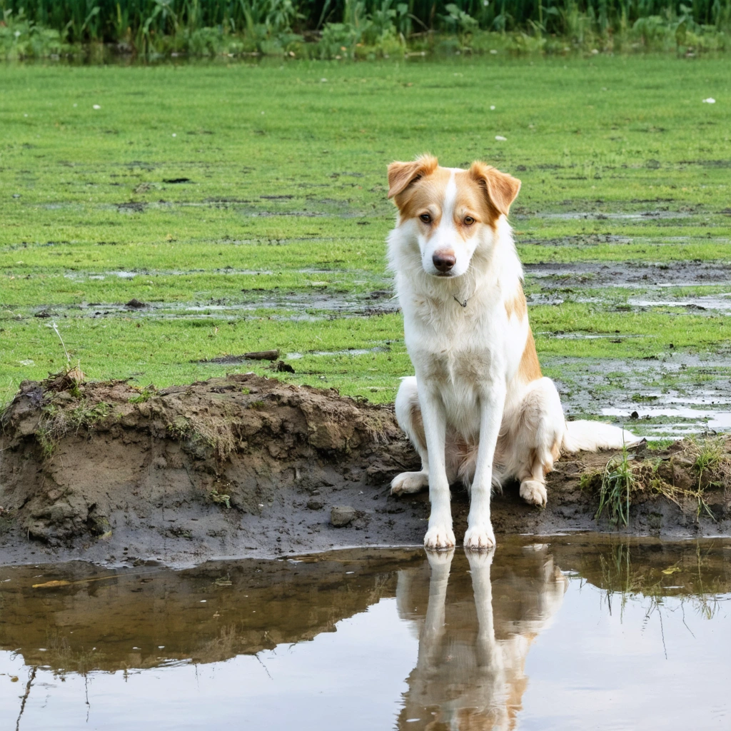Chien triste assis près d'une mare d'eau stagnante, semblant fatigué, dans un environnement naturel légèrement malsain.