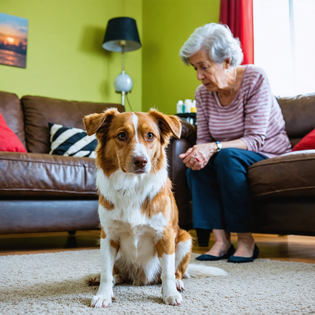 Une femme âgée observe avec inquiétude son chien assis sur un tapis dans le salon, suggérant que l'animal pourrait souffrir d’un problème de santé nécessitant une visite chez le vétérinaire.