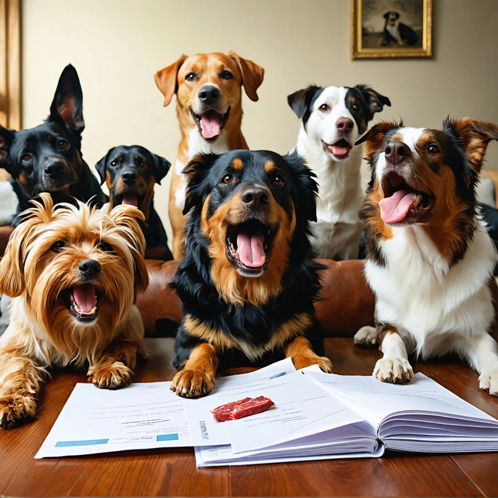 Plusieurs chiens de différentes races posent des gestes amusants dans un salon : l’un a une oreille à l’envers, un autre bâille exagérément, un autre s’intéresse de près au courrier, et un chien fixe une personne avec insistance pendant qu’elle mange son steak.