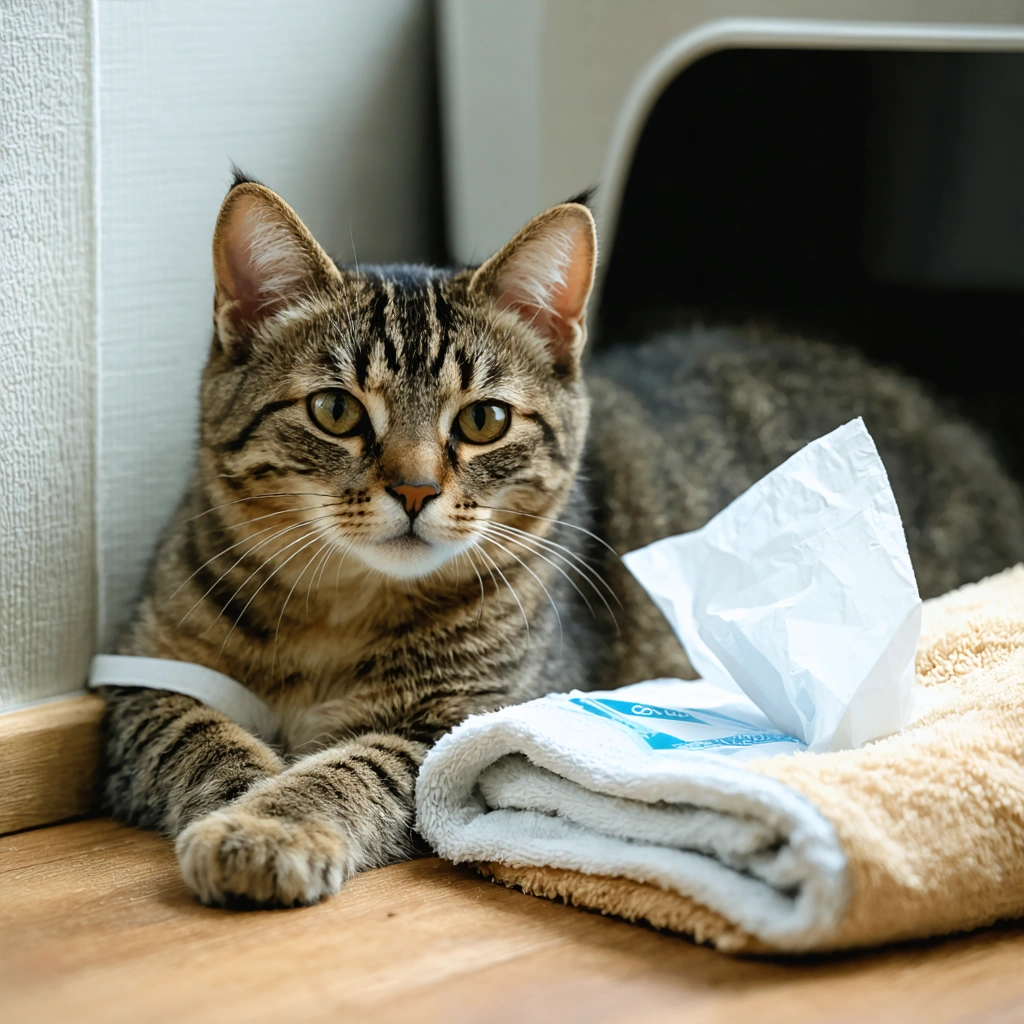 chat allongé confortablement dans un coin douillet, avec élément de soins visibles, après retrait d'une sonde urinaire