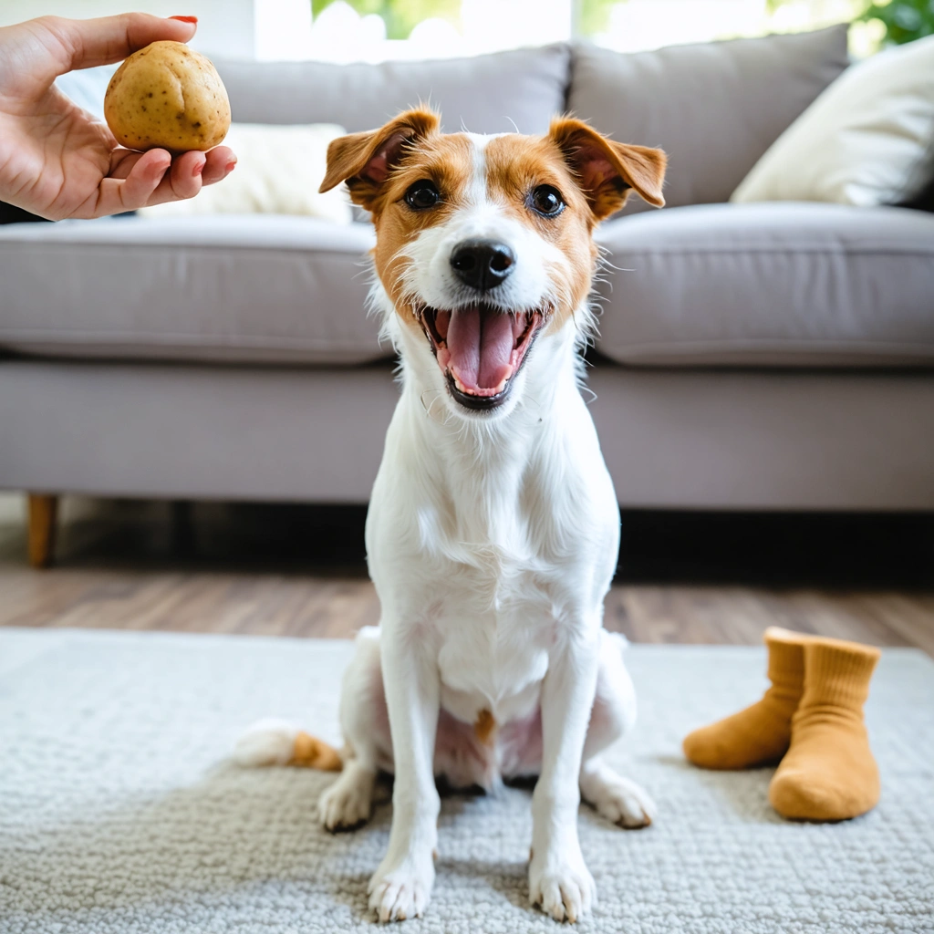 Un Jack Russel croisé joyeux en séance d'éducation dans un salon lumineux, recevant une récompense en forme de patate, avec une chaussette et un clicker visibles.