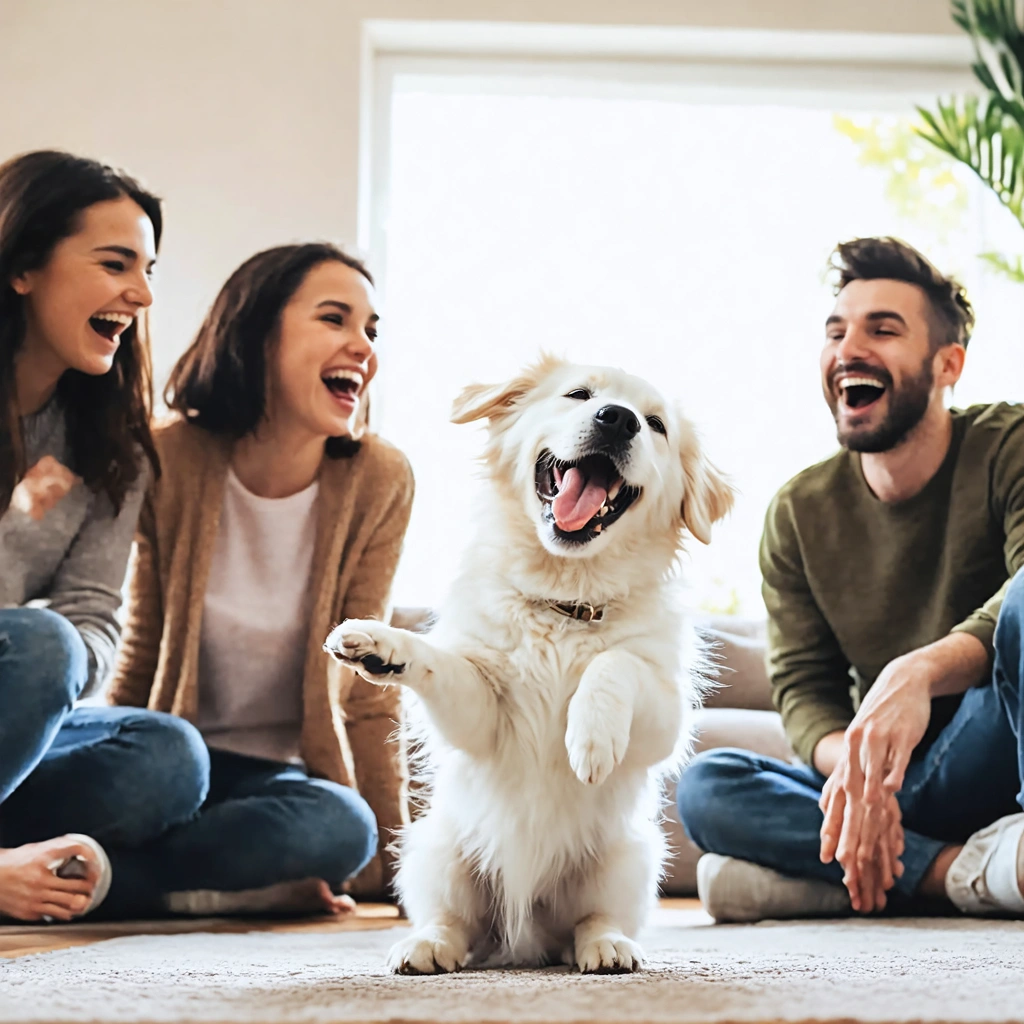 Dans un salon lumineux et chaleureux, une famille rit de bon cœur pendant qu'un chien amusant réalise un tour comique au centre de la pièce, créant une ambiance joyeuse.