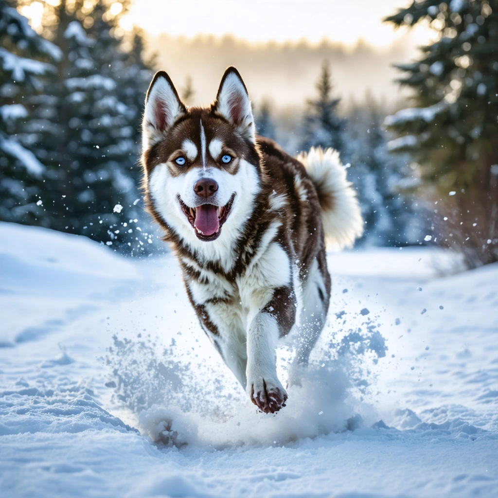Un chien hybride ressemblant à la fois à un Husky sibérien et un Malinois belge, debout dans une forêt enneigée sous des aurores boréales, exprimant énergie et curiosité.