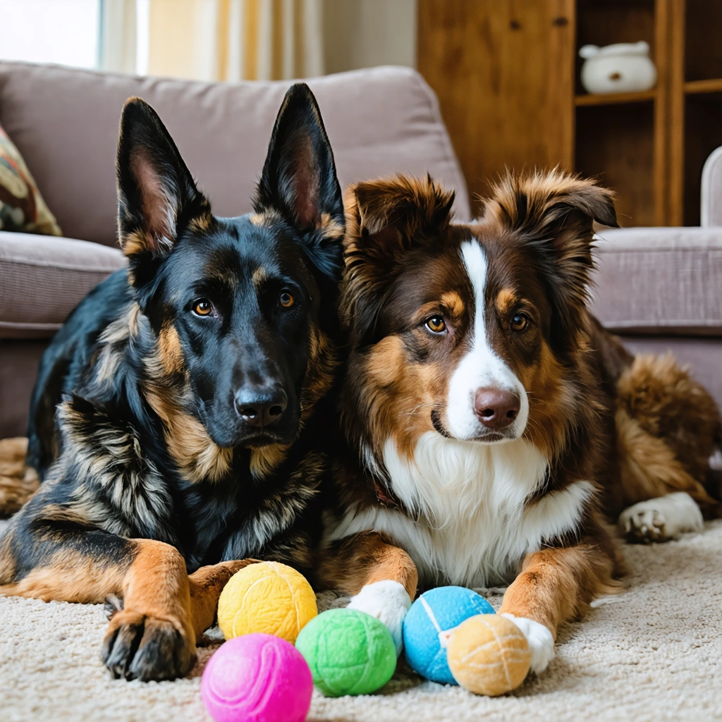 Un Malinois et un Berger Australien allongés côte à côte dans un salon chaleureux, entourés de jouets, semblant calmes et complices.