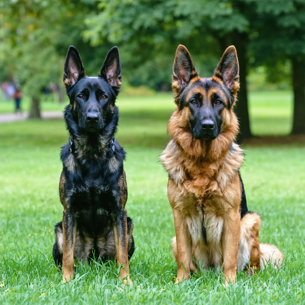 Un Malinois et un berger allemand debout côte à côte dans un parc, montrant leurs différences physiques avec des regards attentifs.