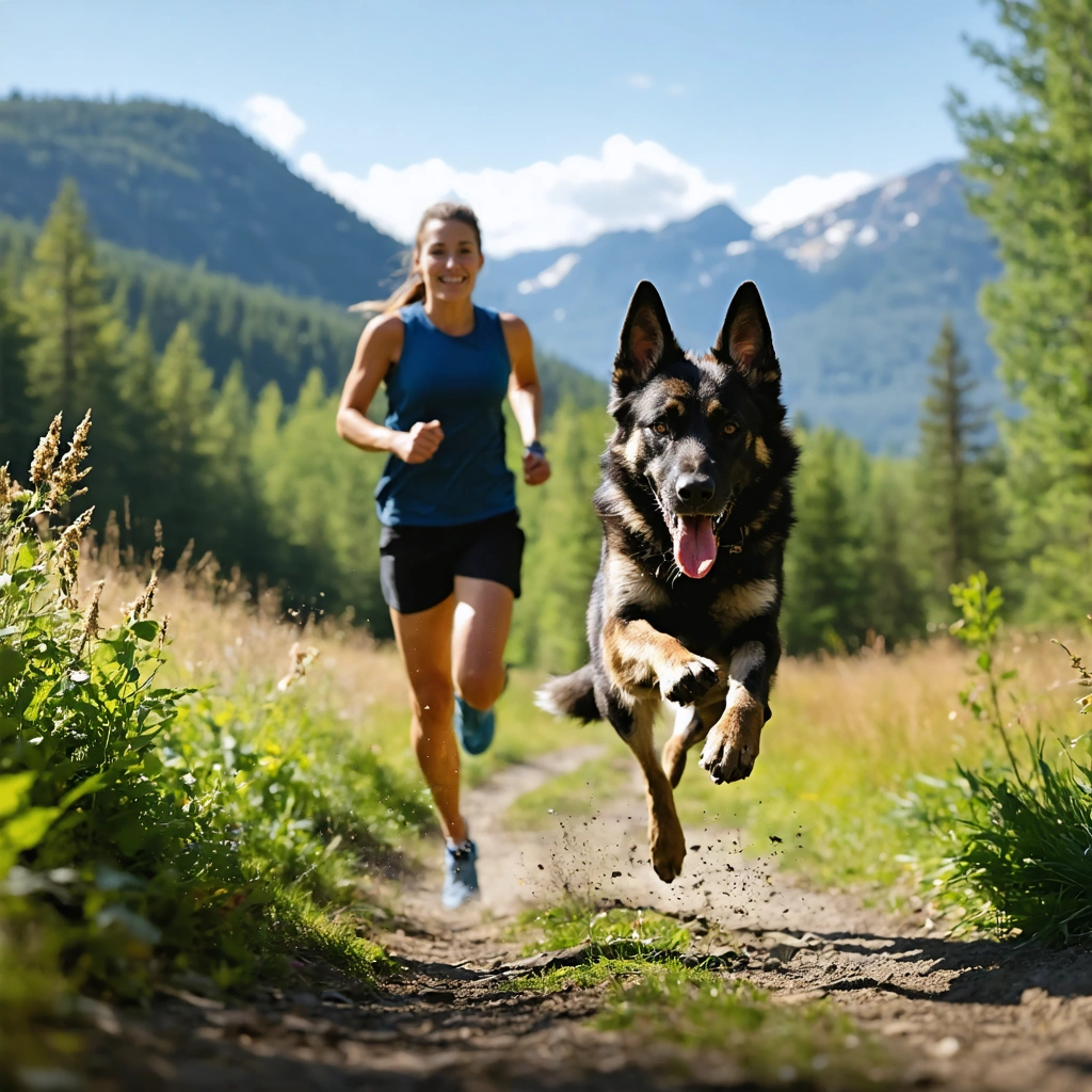 Chien malinois-husky plein d'énergie courant avec un maître souriant sur un sentier de nature, tous deux prêts pour une activité sportive intensive.