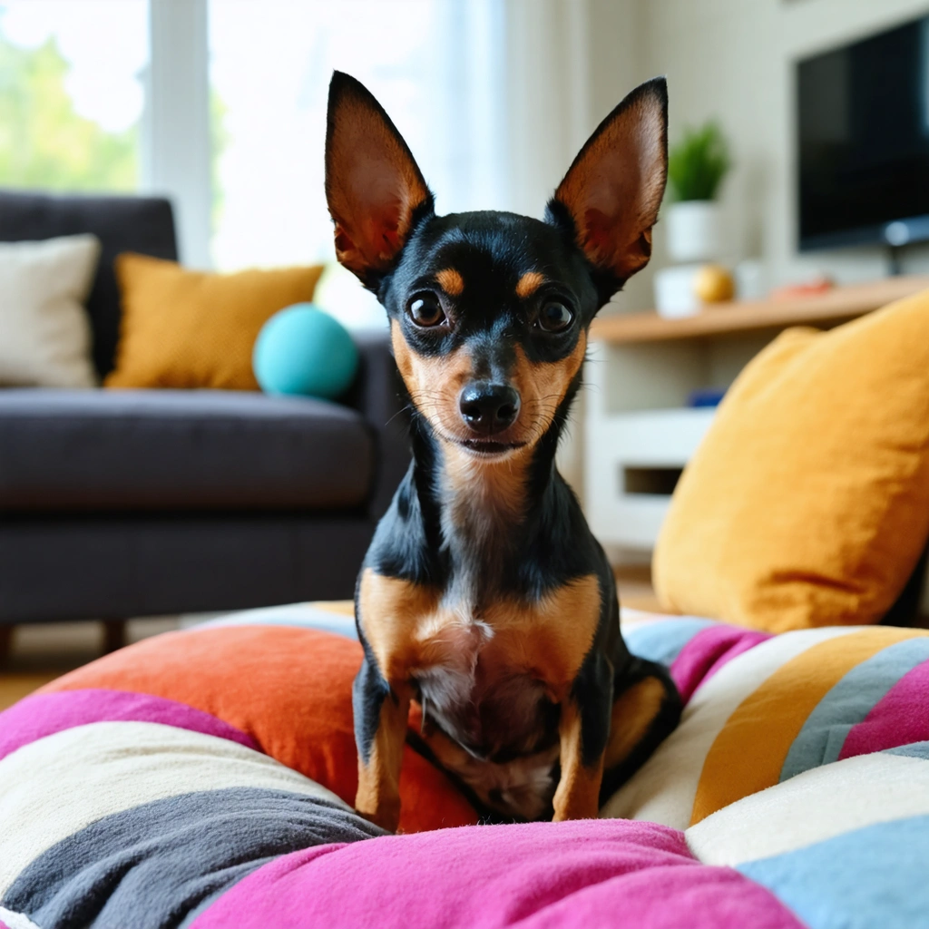 Un pinscher chihuahua vif et joueur posé sur un coussin coloré dans un salon familial.