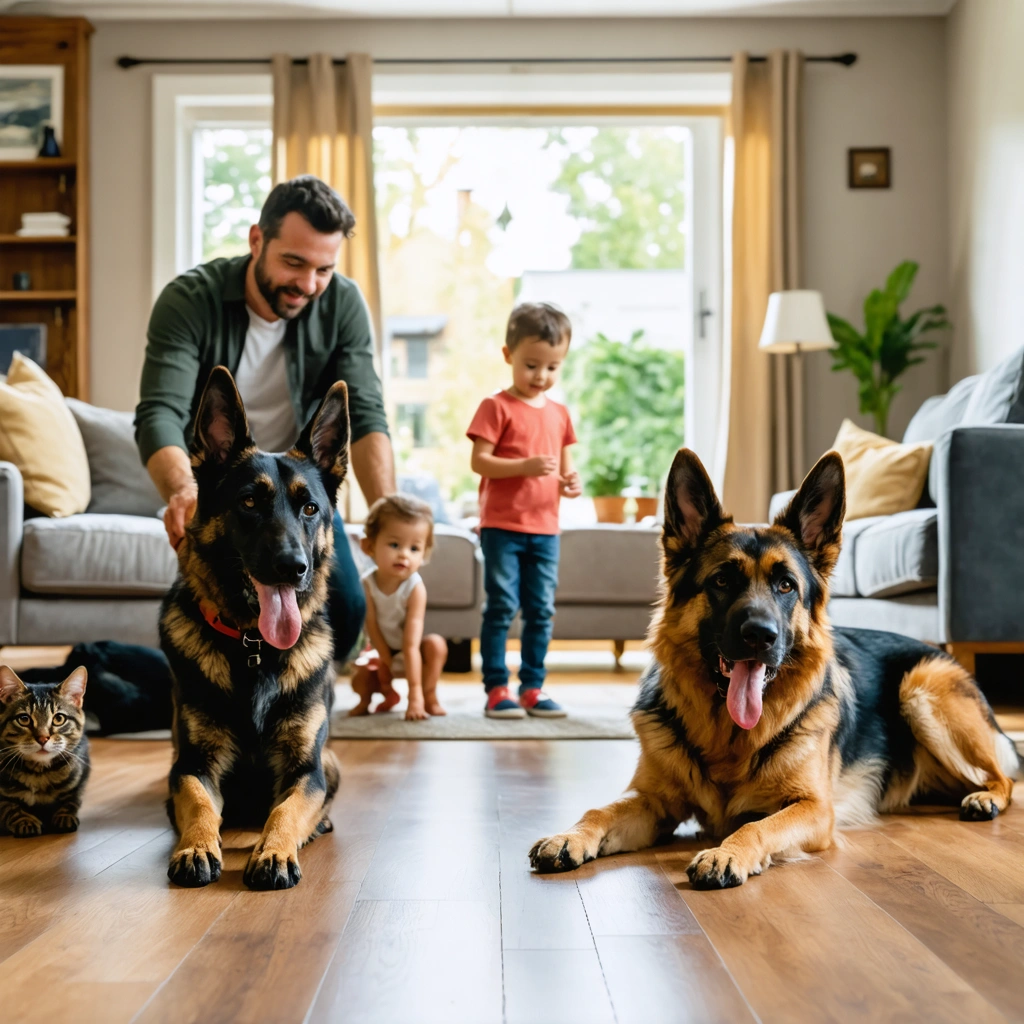 Deux chiens dans un salon familial : un malinois collé à un adulte, réservé envers les enfants, et un berger allemand détendu entouré d'enfants et d'un chat, illustrant leur comportement en famille.