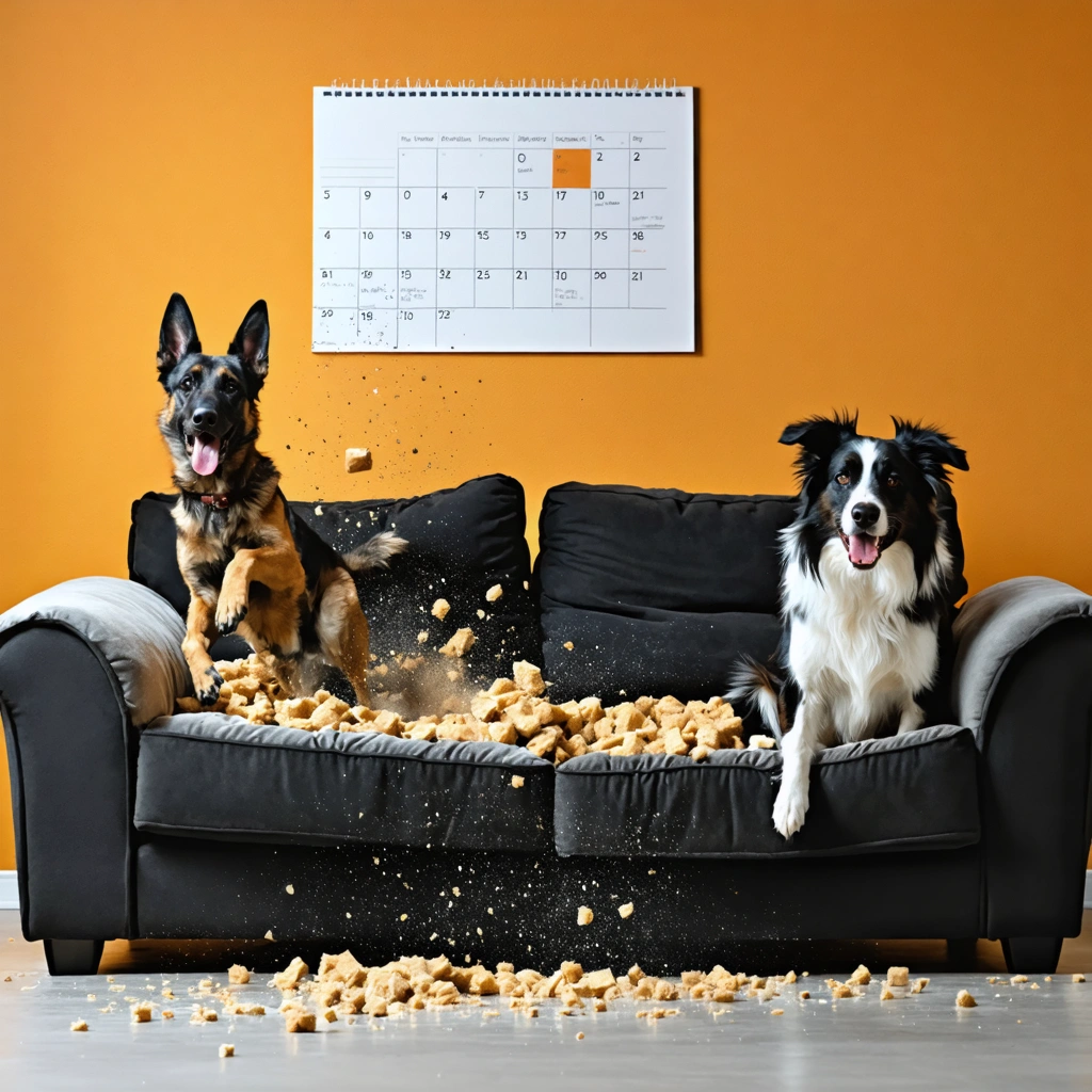 Deux chiens, un Malinois et un Berger Australien, jouent dans un salon avec un canapé déchiré et un calendrier accroché sur un frigo, représentant l'importance d'instaurer une routine pour éviter les bêtises.