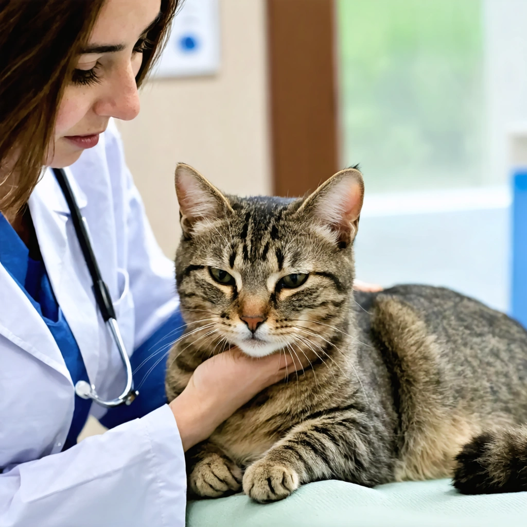 Une vétérinaire réconforte un chat souffrant d’épanchement pleural sur la table d’examen, sous le regard inquiet de son propriétaire.