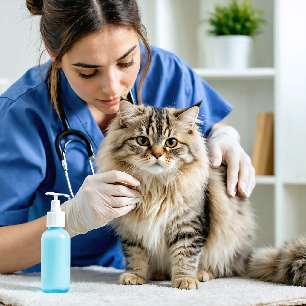 Une vétérinaire souriante applique avec douceur un traitement sur la peau d’un chat dans un environnement domestique chaleureux.