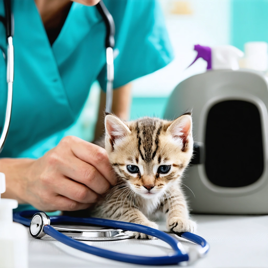Un vétérinaire examine en douceur un chaton fatigué sur une table de clinique, avec des accessoires vétérinaires visibles autour.