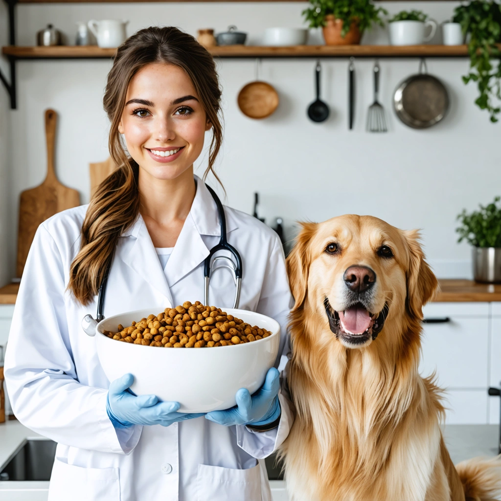 Une femme vétérinaire souriante présente une gamelle remplie de croquettes de qualité à un chien heureux.