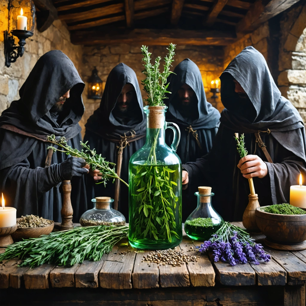Quatre voleurs mystérieux au Moyen Âge préparent un mélange d'herbes et de vinaigre dans un atelier ancien, entourés de plantes aromatiques et de bougies.
